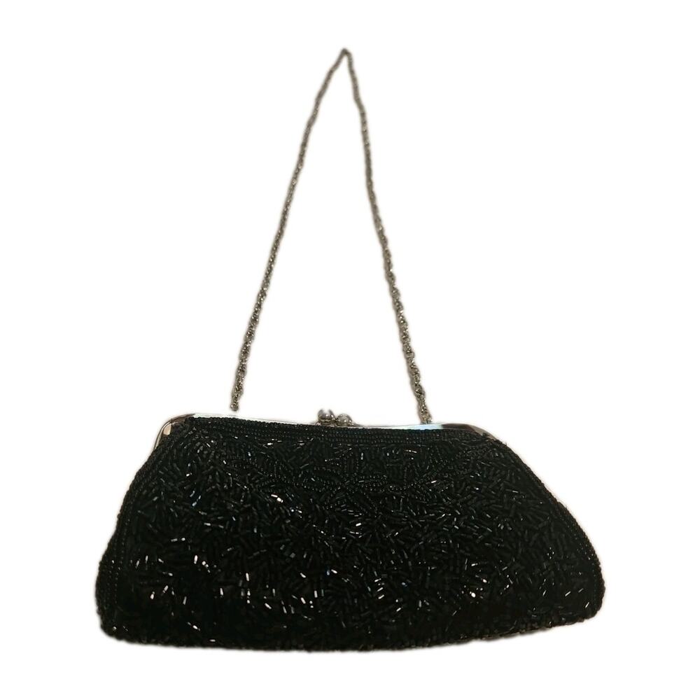 VTG Beaded Evening Clutch Handbag Purse Shoulder Bag Womens BLACK W/Silver Chain